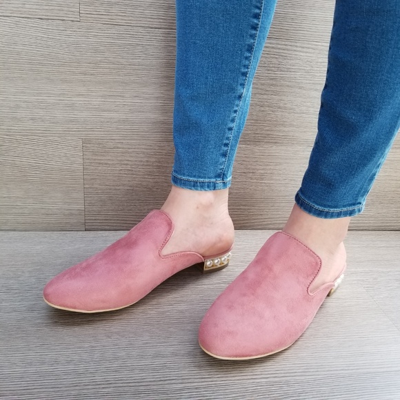Suede Slip On Loafer Mule Pearl Accents on Heel - Picture 6 of 7